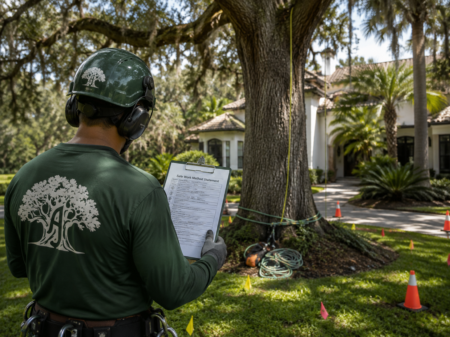 Crew rigging a limb down over a fence